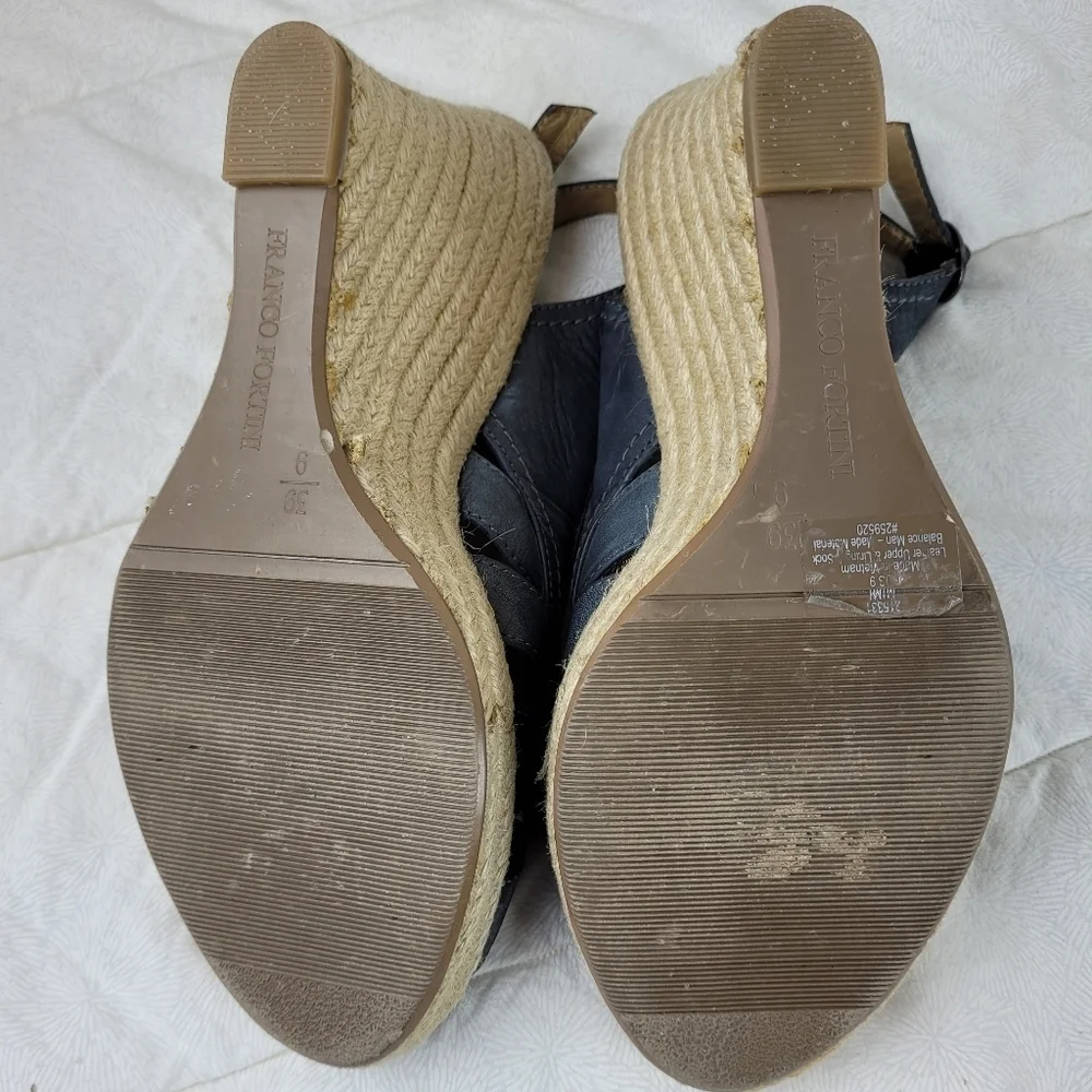 Franco Fortini denim blue leather sandals peep toe woven wedge beach boho chic 9